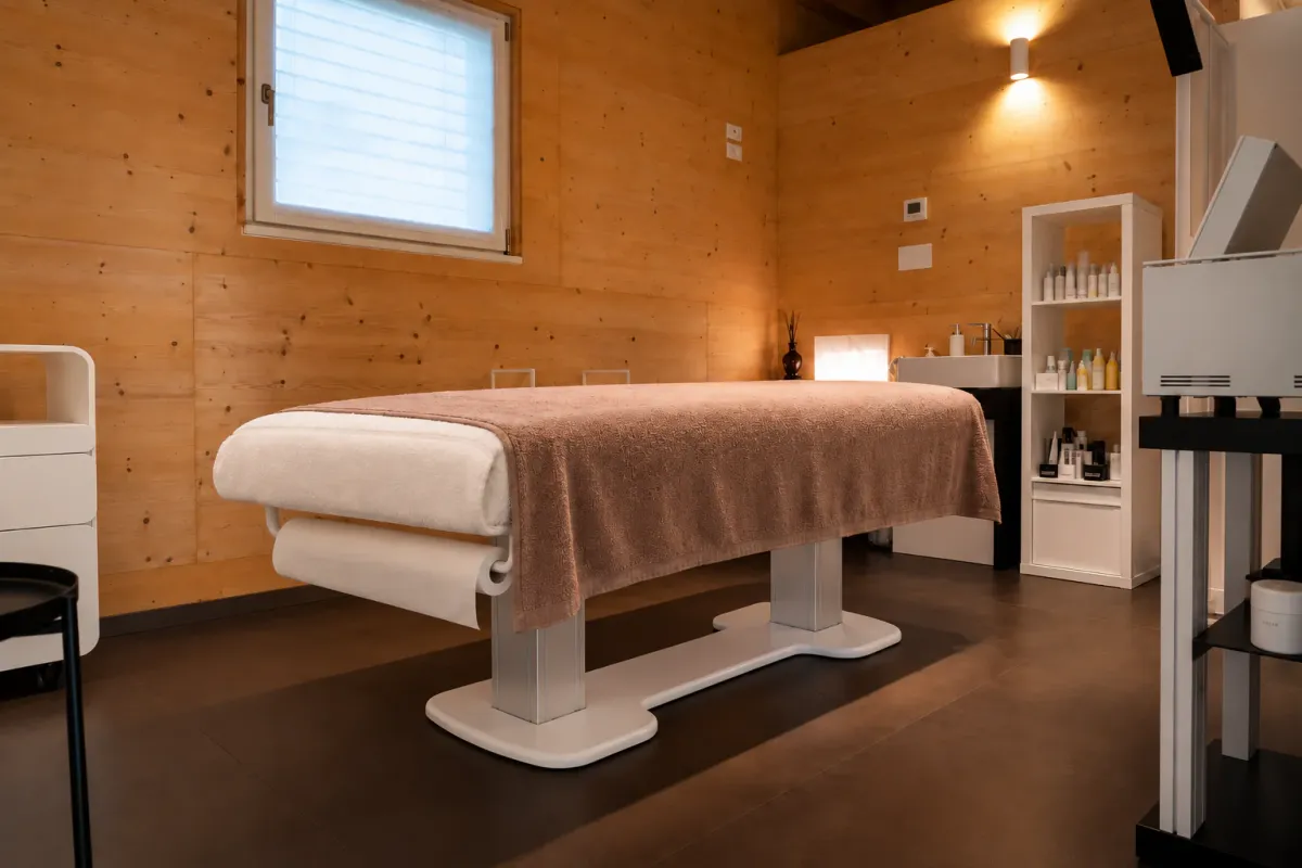 Cabina di La Bellart con lettino e pareti in legno